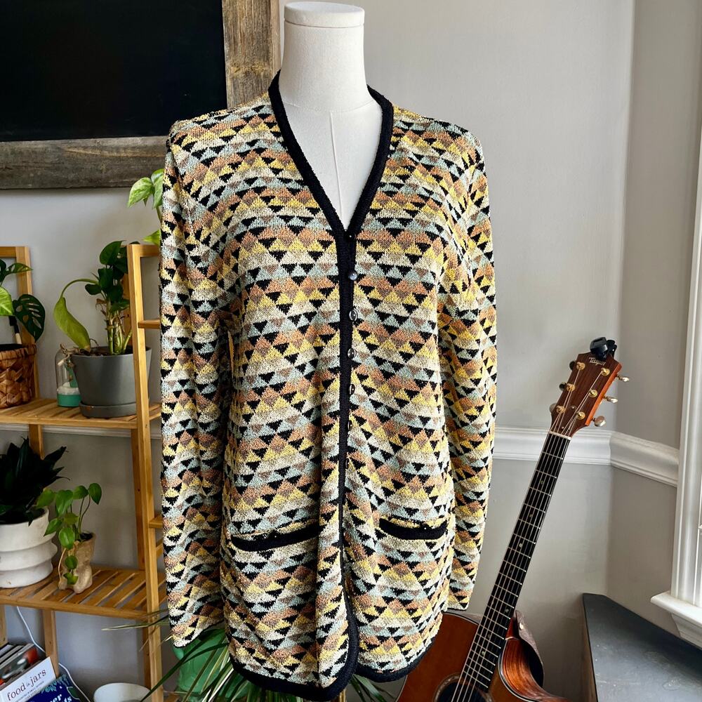 Vintage 70s Pastel Cardigan Pink Blue Yellow Geometric Triangles Size Small